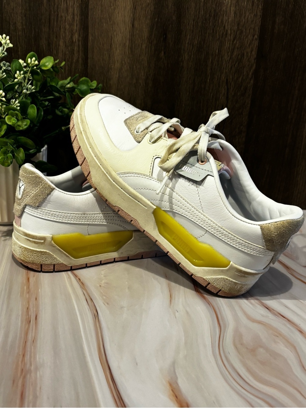 Puma White Sneakers with Yellow Panel and Beige Suede